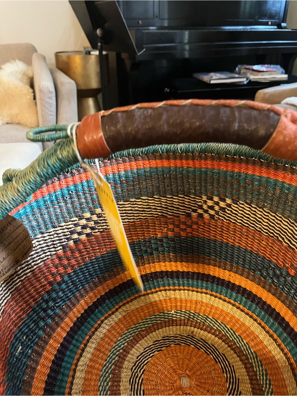 Xl Handwoven Multicolor Bolga Market Basket with Leather Handle - Picture 5 of 5